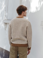 Brown Regular Fit Geometric Textured Crew Neck Jumper with Wool - Image 3 of 7