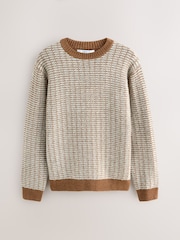 Brown Regular Fit Geometric Textured Crew Neck Jumper with Wool - Image 5 of 7