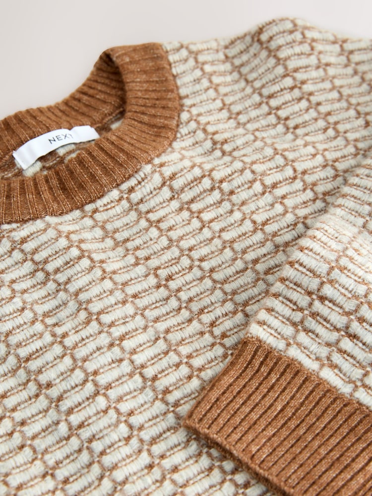 Brown Regular Fit Geometric Textured Crew Neck Jumper with Wool - Image 7 of 7