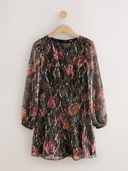Gold Jaquard Print - Vestido mini de manga comprida com detalhe de costura em A - Imagem 1 de 3