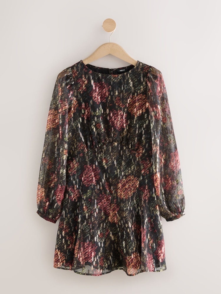 Gold Jaquard Print - Vestido mini de manga comprida com detalhe de costura em A - Imagem 1 de 3