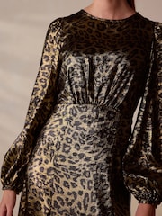 Gold Leopard Print Long Sleeve Midi Dress - Image 5 of 9