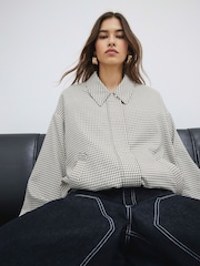 River Island Cream Bubble Hem Check Bomber Jacket - Image 3 of 6