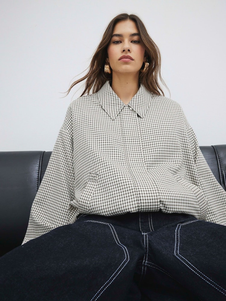 River Island Cream Bubble Hem Check Bomber Jacket - Image 3 of 6