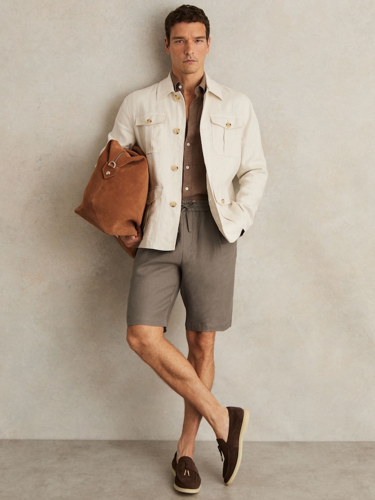 Reiss Mushroom Brown Barges Linen Drawstring Shorts - Image 1 of 6