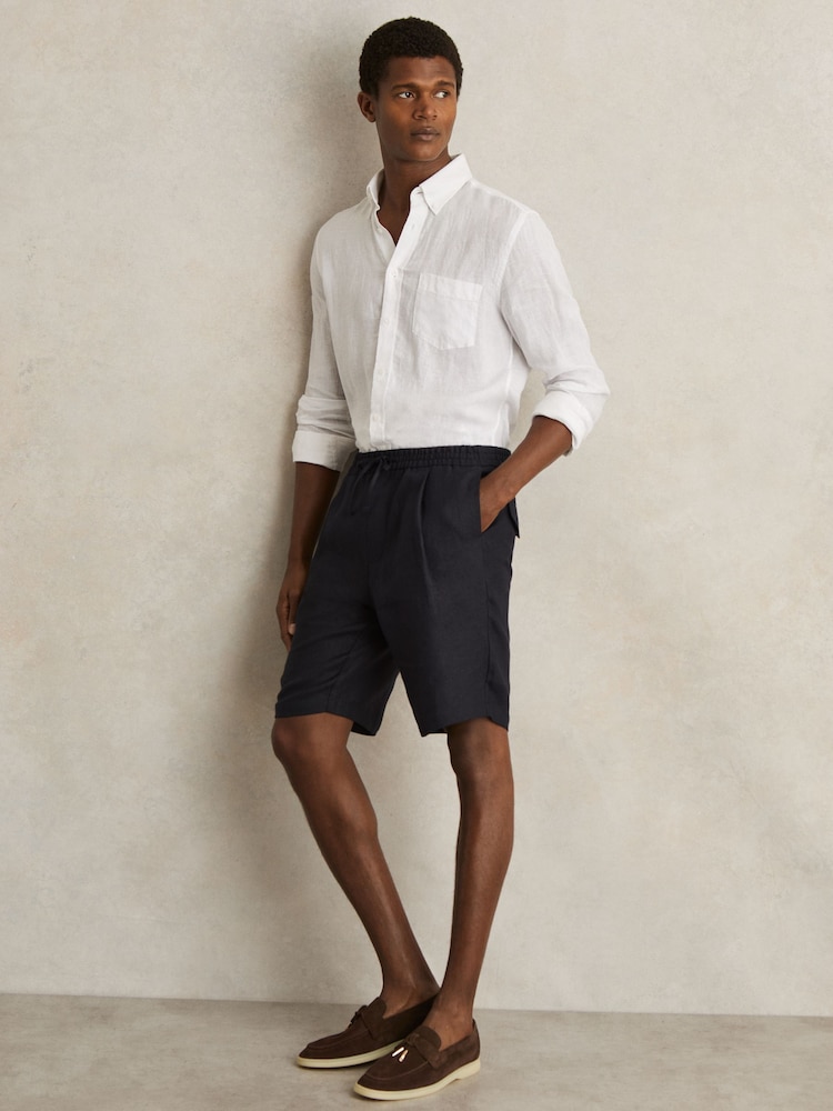 Reiss Navy Barges Linen Drawstring Shorts - Image 1 of 7