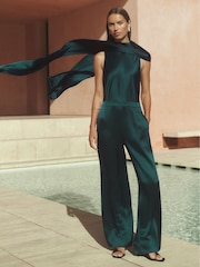 Reiss Teal Green Farah Satin Cape Sash Jumpsuit - Image 1 of 8