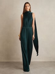 Reiss Teal Green Farah Satin Cape Sash Jumpsuit - Image 6 of 8
