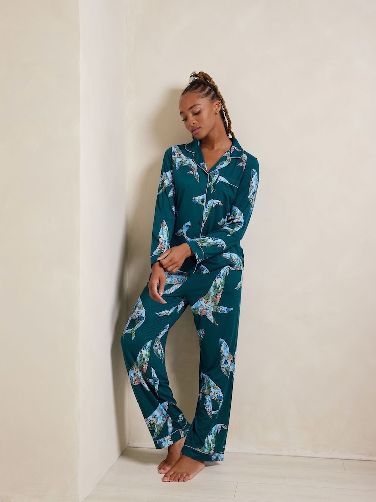 Chelsea Peers Natural Coral Whale Print Long Pyjama Set - Image 1 of 4