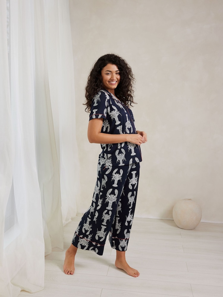 Chelsea Peers Blue Trouser Pyjamas Lobster Sketch Print Short Pyjama Set - Image 1 of 5