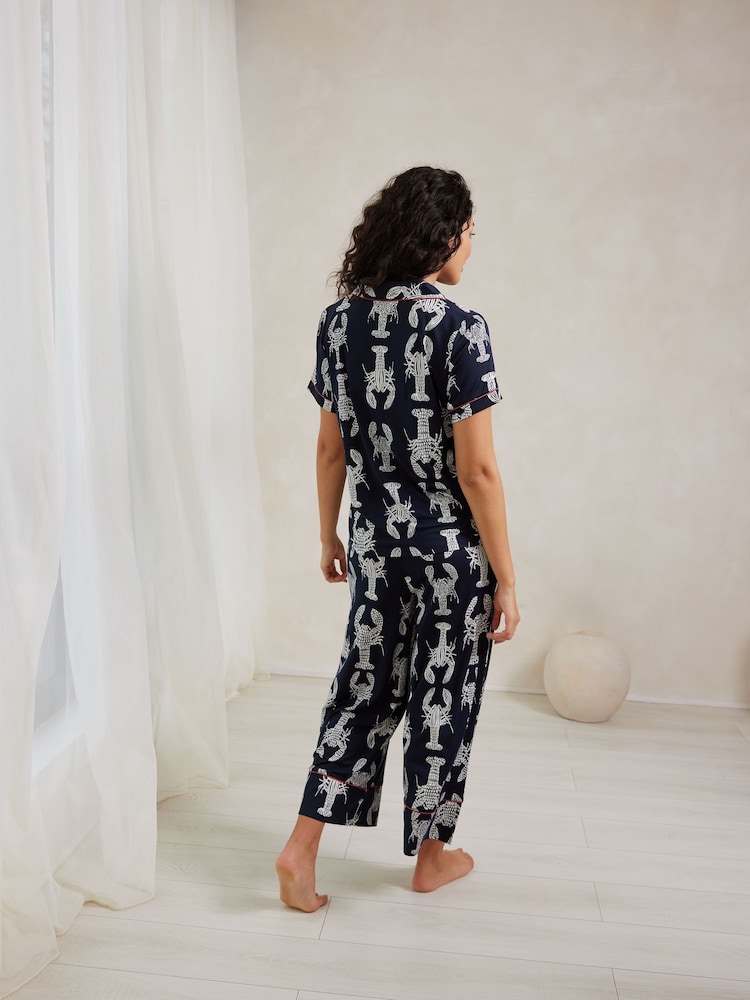 Chelsea Peers Blue Trouser Pyjamas Lobster Sketch Print Short Pyjama Set - Image 2 of 5