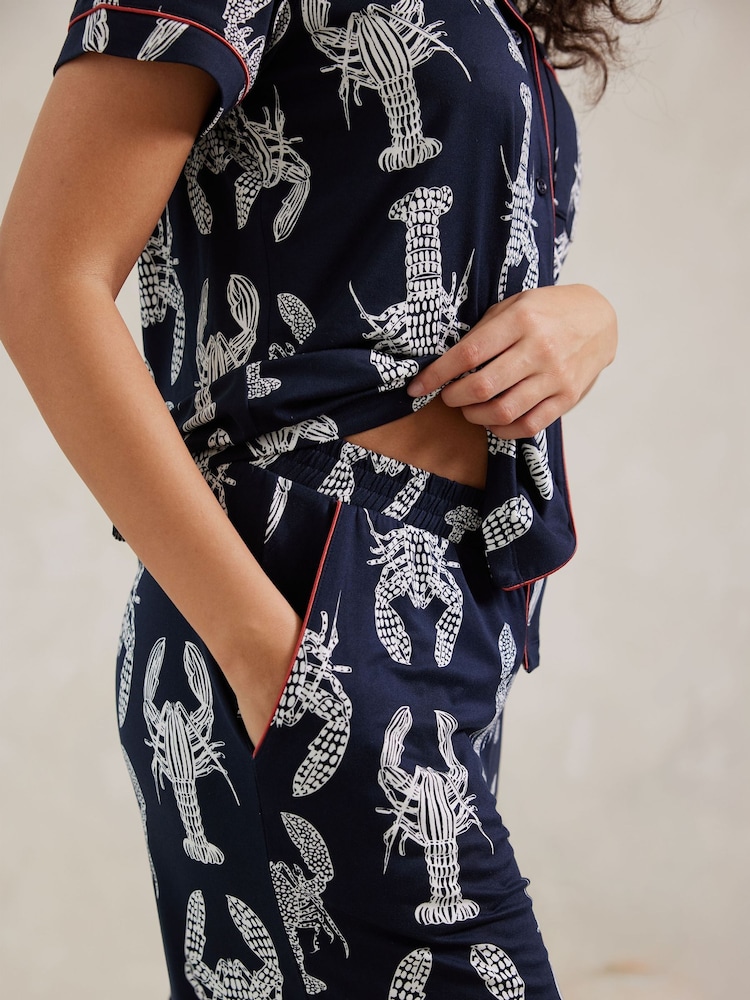 Chelsea Peers Blue Trouser Pyjamas Lobster Sketch Print Short Pyjama Set - Image 5 of 5