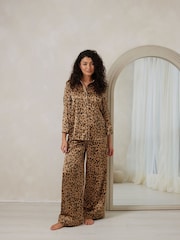 Chelsea Peers Brown Leopard Print Long Pyjamas Set - Image 1 of 5