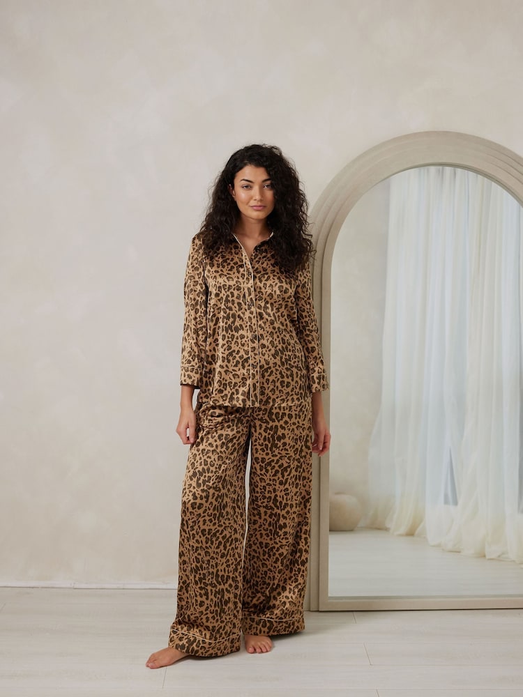 Chelsea Peers Brown Leopard Print Long Pyjamas Set - Image 1 of 5