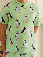 أخضر - Chelsea Peers Cotton Puffin Print Short Pyjamas Set - صورة 3 من 5