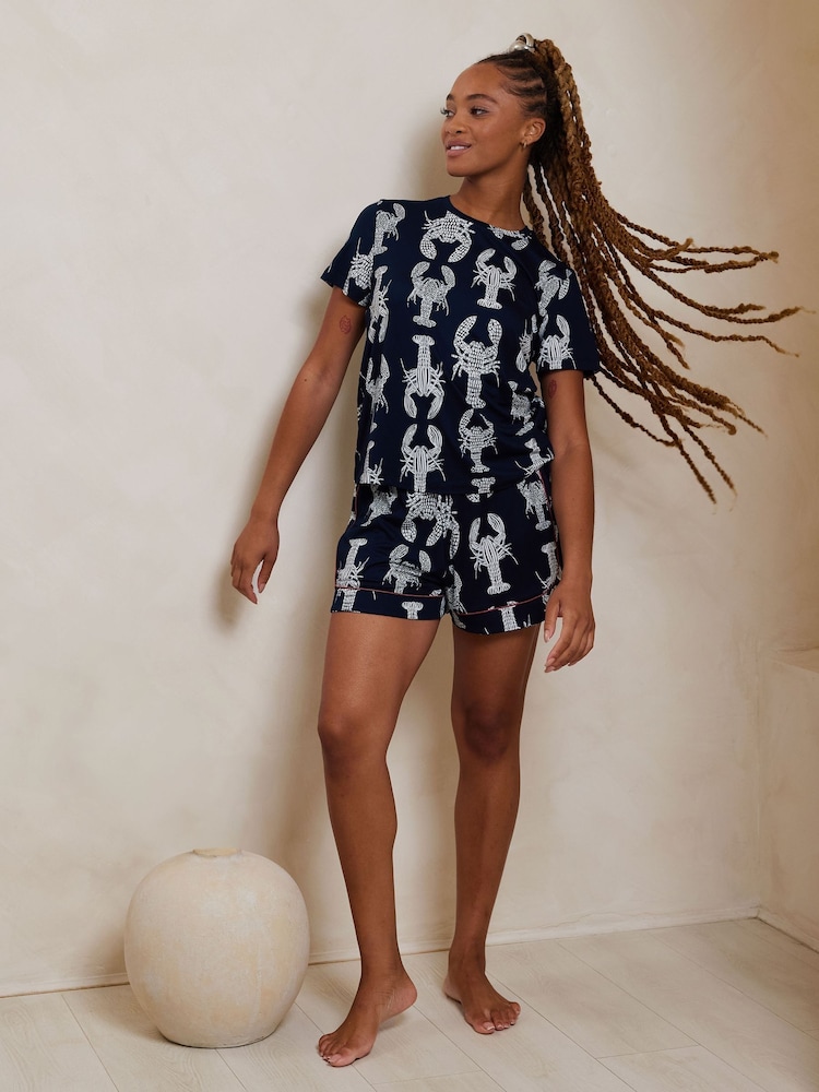 Chelsea Peers Blue Short Pyjamas Lobster Sketch Print Short Pyjama Set - Image 2 of 5 Chelsea Peers Blue Short Pyjamas Lobster Sketch Print Short Pyjama Set - Image 2 of 5