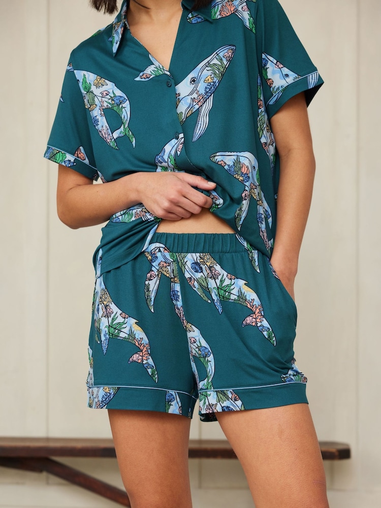Chelsea Peers Natural Short Pyjamas Coral Whale Print Short Pyjama Set - Image 3 of 6