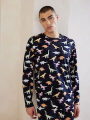 Chelsea Peers Blue Dinosaur Print Long Pyjama Set - Image 3 of 5