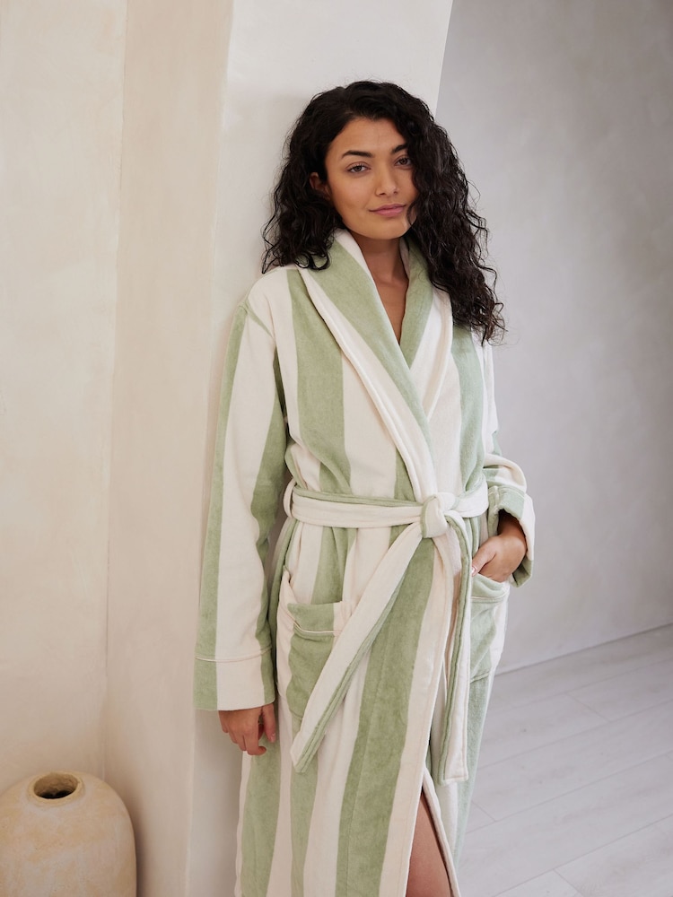 Chelsea Peers Green/White 100% Cotton Towelling Stripe Dressing Gown - Image 5 of 5