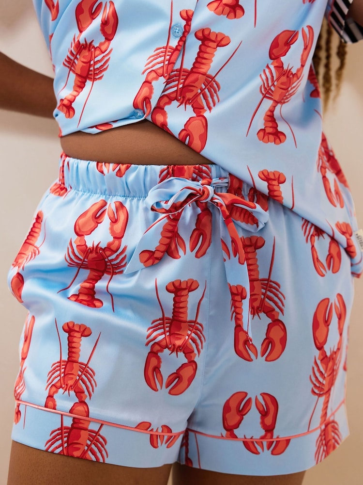 Chelsea Peers Blue Short Pyjamas Satin Lobster Print Long Pyjamas Set - Image 2 of 4