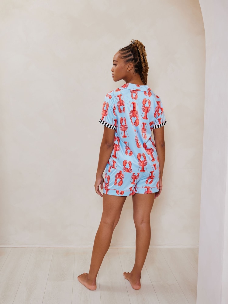 Chelsea Peers Blue Short Pyjamas Satin Lobster Print Long Pyjamas Set - Image 3 of 4
