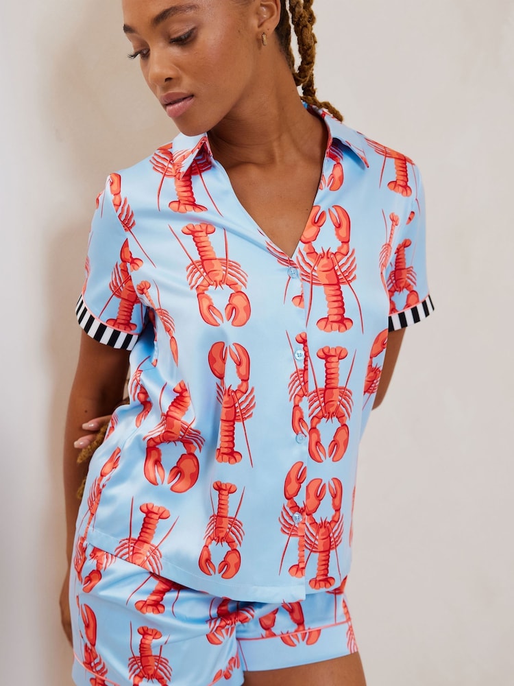 Chelsea Peers Blue Short Pyjamas Satin Lobster Print Long Pyjamas Set - Image 4 of 4