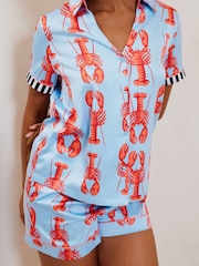 Chelsea Peers Blue Short Pyjamas Satin Lobster Print Long Pyjamas Set - Image 5 of 5