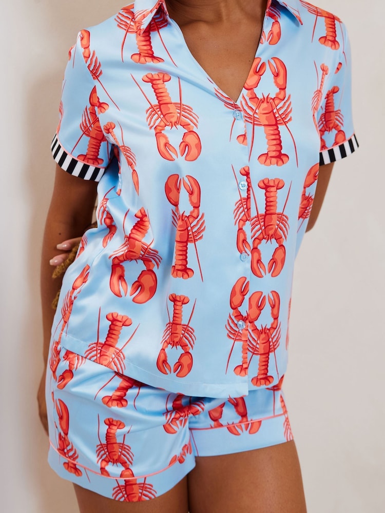 Chelsea Peers Blue Short Pyjamas Satin Lobster Print Long Pyjamas Set - Image 5 of 5