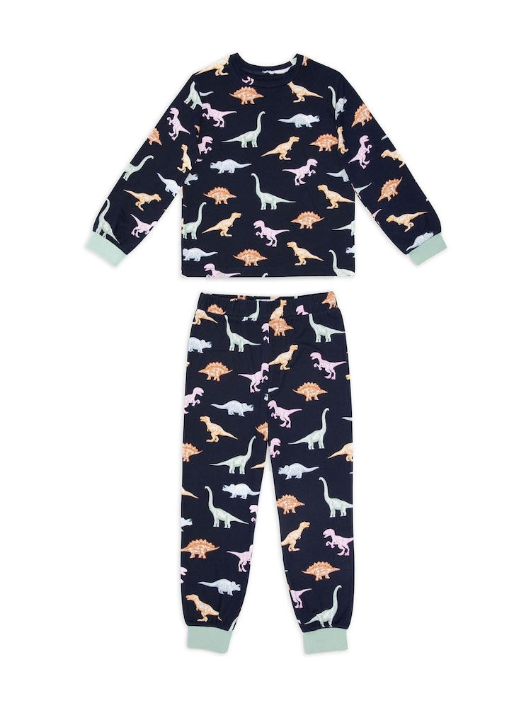 Chelsea Peers Blue Kids Dinosaur Print Long Pyjama Set - Image 1 of 3