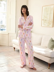 Chelsea Peers Pink Trouser Pyjamas Seahorse Stripe Print Button Up Short Pyjamas Set - Image 1 of 5