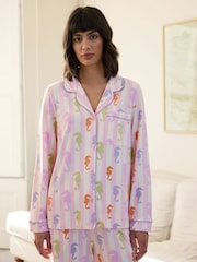 Chelsea Peers Pink Trouser Pyjamas Seahorse Stripe Print Button Up Short Pyjamas Set - Image 2 of 5