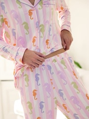 Chelsea Peers Pink Trouser Pyjamas Seahorse Stripe Print Button Up Short Pyjamas Set - Image 3 of 5