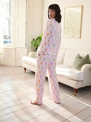 Chelsea Peers Pink Trouser Pyjamas Seahorse Stripe Print Button Up Short Pyjamas Set - Image 4 of 5