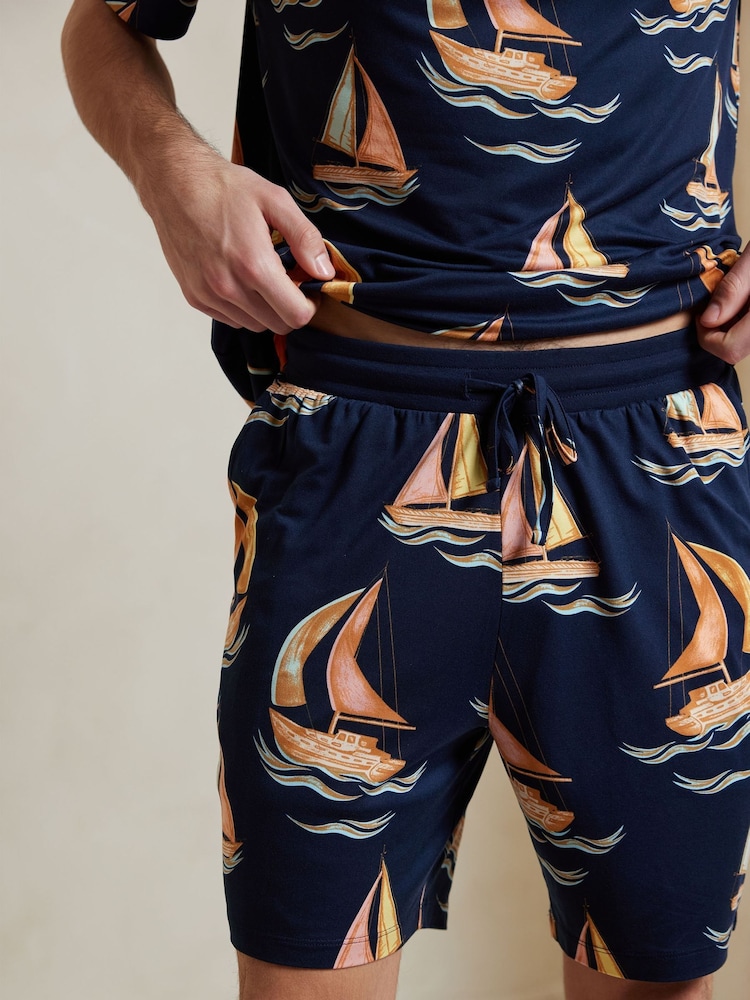 Chelsea Peers Blue Sailing Boat Print Short Pyjamas Set - Image 5 of 5