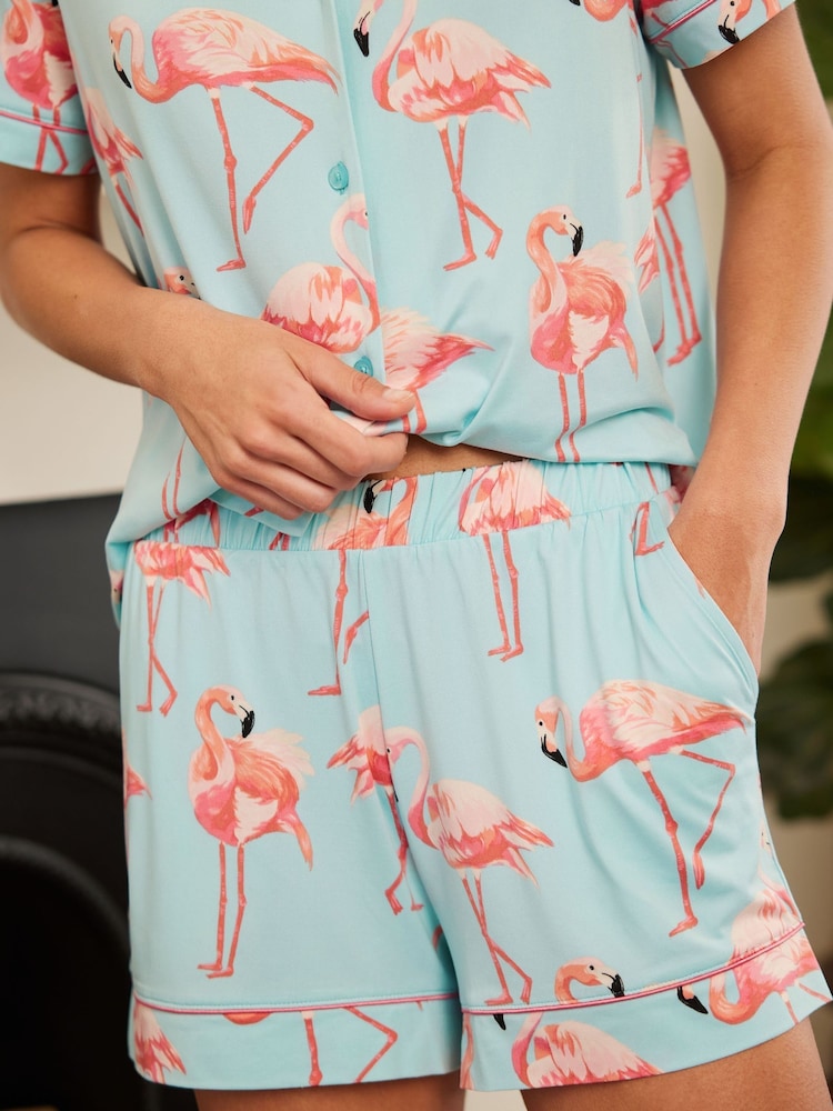 Chelsea Peers Blue Flamingo Print Short Pyjamas Set - Image 3 of 5