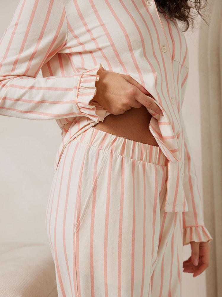 Chelsea Peers Cotton Pink Stripe Frill Long Pyjamas Set - صورة 2 من 5