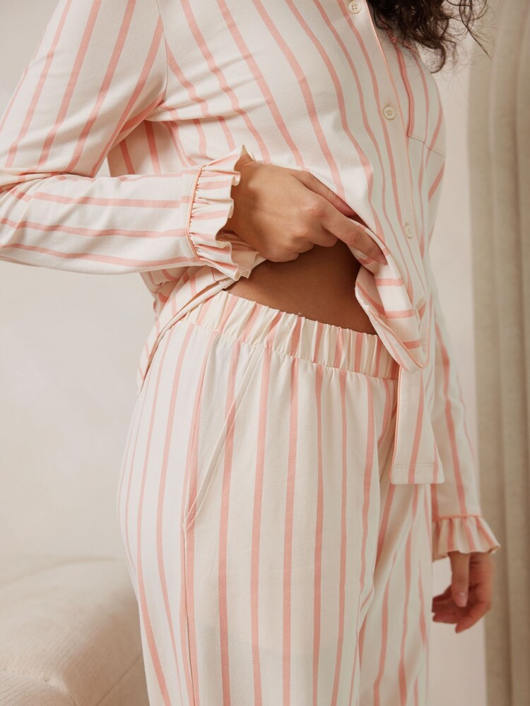 Chelsea Peers Pink Cotton Pink Stripe Frill Long Pyjamas Set - Image 3 of 5