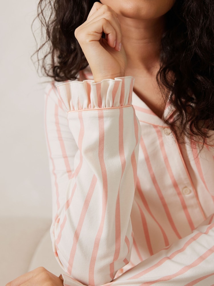 Chelsea Peers Pink Cotton Pink Stripe Frill Long Pyjamas Set - Image 4 of 5