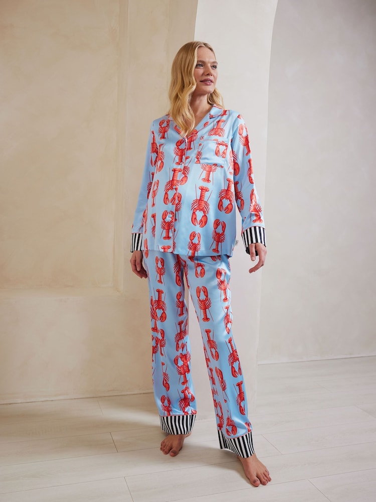 Chelsea Peers Blue Maternity Satin Lobster Print Long Pyjamas Set - Image 1 of 5