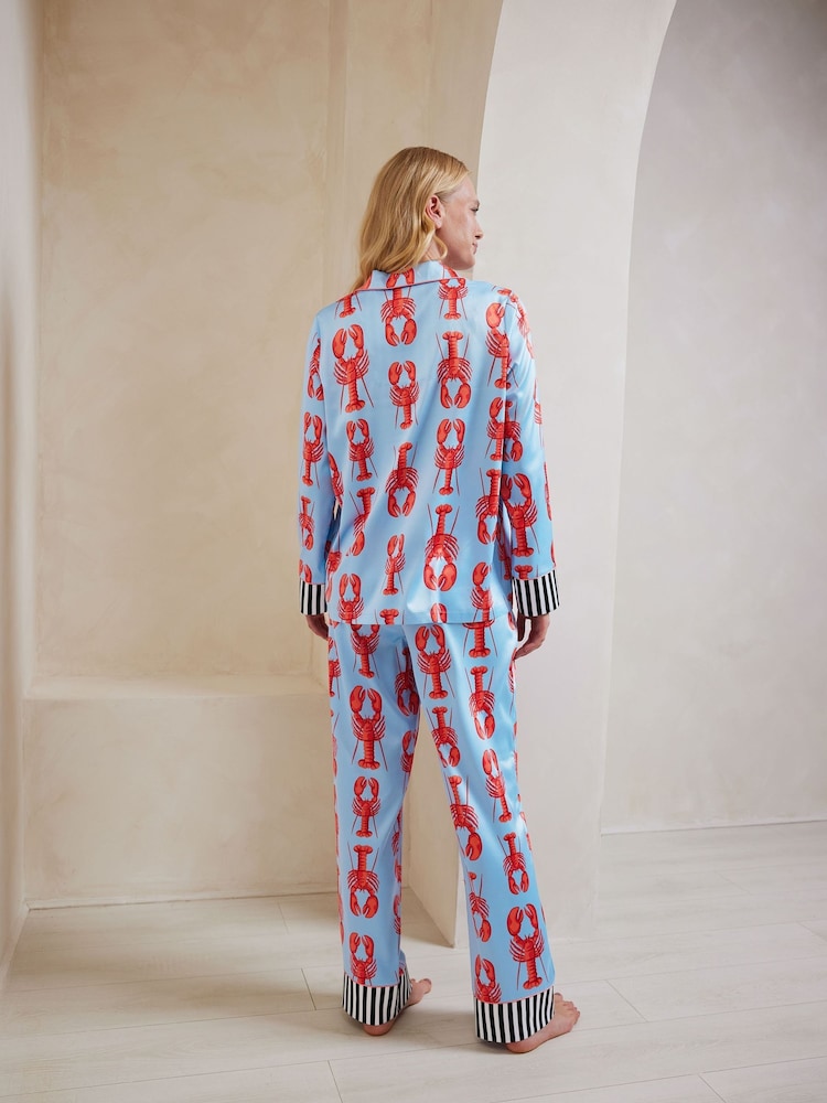 Chelsea Peers Blue Maternity Satin Lobster Print Long Pyjamas Set - Image 2 of 5