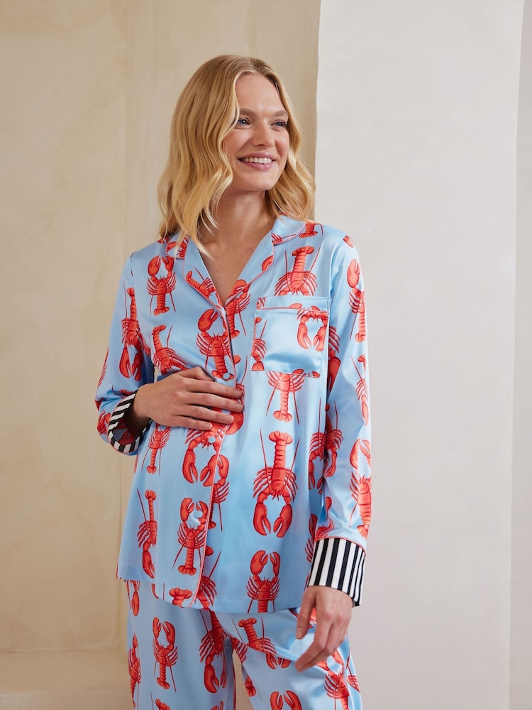 Chelsea Peers Blue Maternity Pyjamas Satin Lobster Print Long Pyjamas Set - Image 3 of 5
