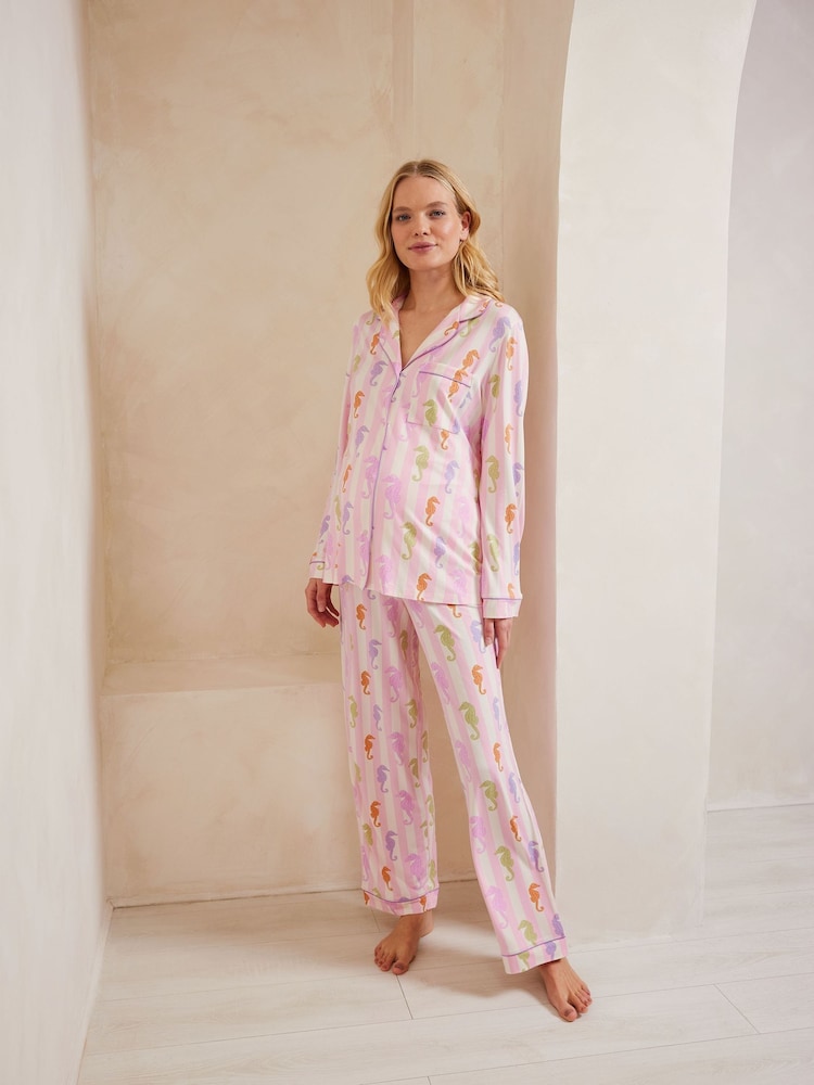 Chelsea Peers Pink Maternity Seahorse Stripe Print Button Up Short Pyjamas Set - Image 1 of 5