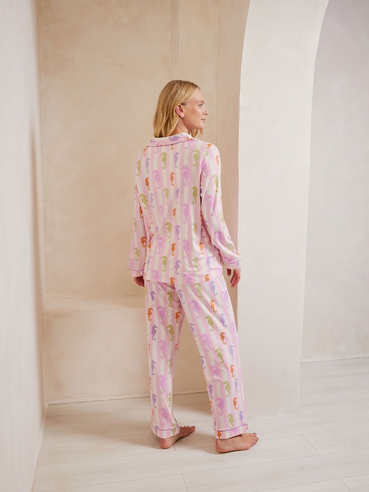 Chelsea Peers Pink Maternity Seahorse Stripe Print Button Up Short Pyjamas Set - Image 2 of 5