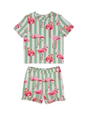 Chelsea Peers Green Kids Cotton Flamingo Stripe Short Pyjamas Set - Image 1 of 3