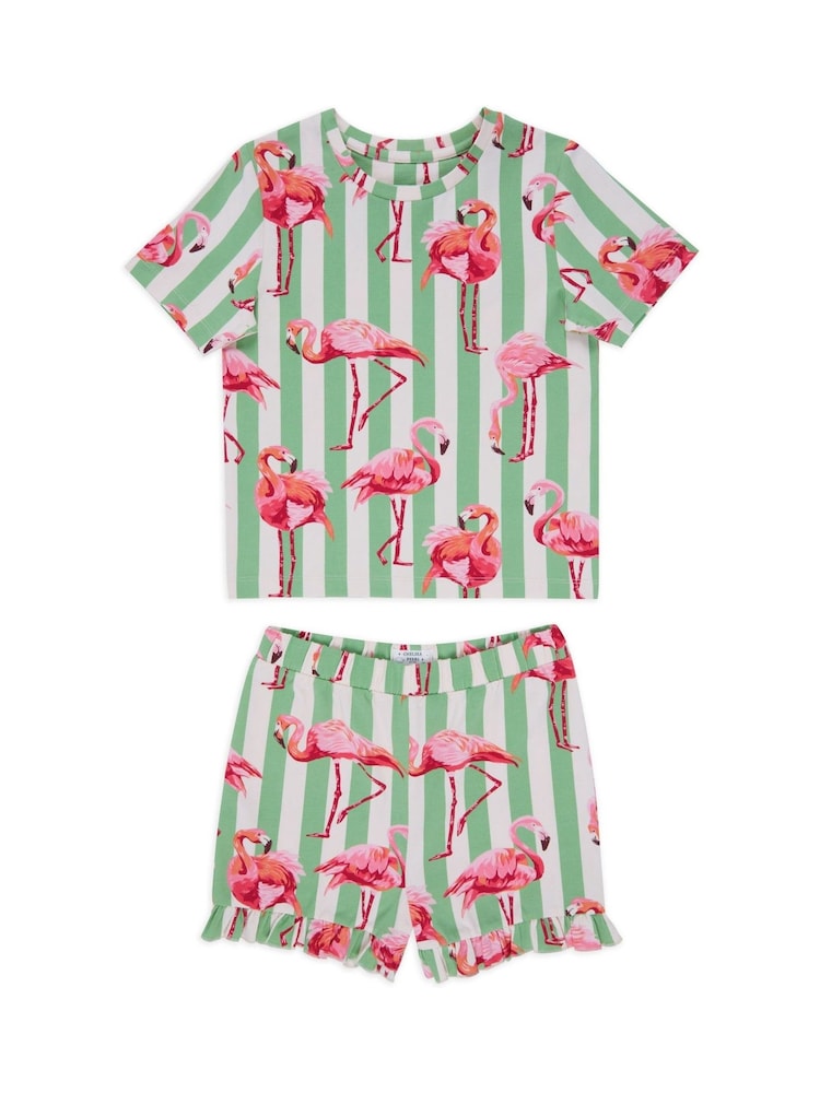 Chelsea Peers Green Kids Cotton Flamingo Stripe Short Pyjamas Set - Image 1 of 3