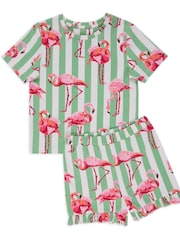 Chelsea Peers Green Kids Cotton Flamingo Stripe Short Pyjamas Set - Image 2 of 3