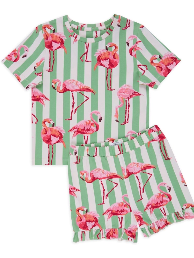 Chelsea Peers Green Kids Cotton Flamingo Stripe Short Pyjamas Set - Image 2 of 3