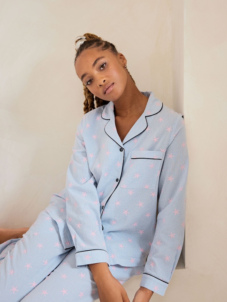 Chelsea Peers Pink Seersucker Cotton Starfish Stripe Print Long Pyjamas Set - Image 5 of 5
