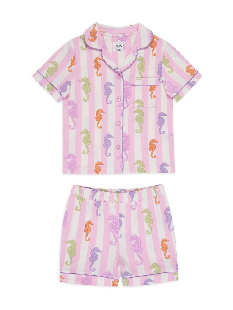 Chelsea Peers Pink Kids Seahorse Stripe Print Short Pyjamas Set - Image 1 of 3