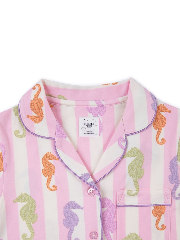 Chelsea Peers Pink Kids Seahorse Stripe Print Short Pyjamas Set - Image 3 of 3